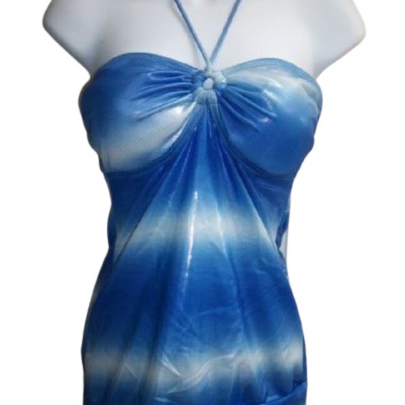 Ultra Shiny Lacquered Look Blue Halter Top Small